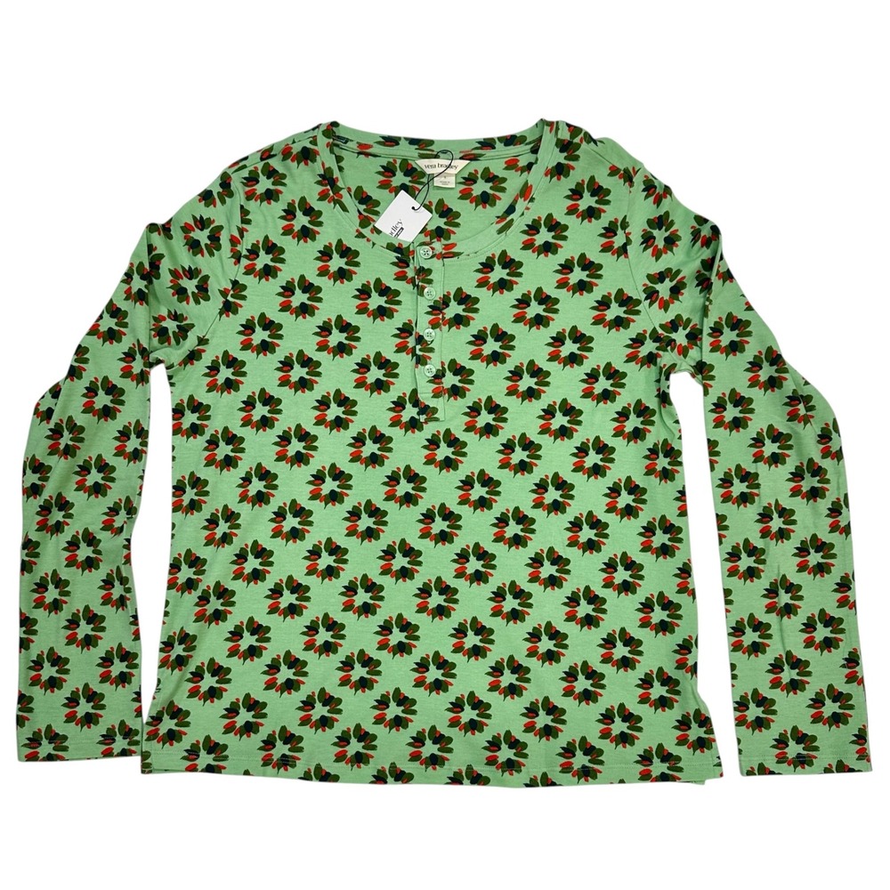 Vera Bradley Henley Pajama Top Venetian Wreath Grayed Jade Green Floral Small